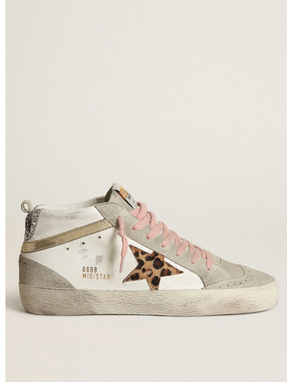 Golden Goose Mid/Star Leopard-Accent Mid-Top Sneakers in White & Beige